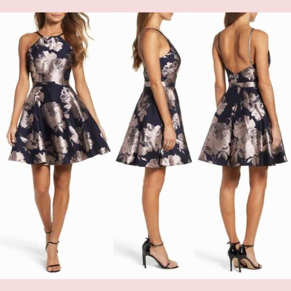 NWT XSCAPE [ 12 ] Satin Halter Neck Fit & Flare Floral Print Mini‎ Dress